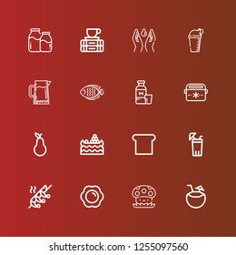 Editable 16 fresh icons for web and mobile. Set of fresh included icons line Coconut, Mushroom, Fried egg, Shrimp, Lemonade, Toast, Water market, Pear, Portable fridge on red