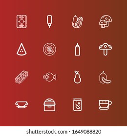 Editable 16 fresh icons for web and mobile. Set of fresh included icons line Cup, Soda, Portable fridge, Melon, Pear, Fish, Hot dog, Mushroom, Sauce, Oyster omelette, Watermelon on red