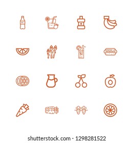 Editable 16 freshness icons for web and mobile. Set of freshness included icons line Mangosteen, Carrot, Carrots, Apricot, Cherry, Lemonade, Lemon, Hotdog on white background