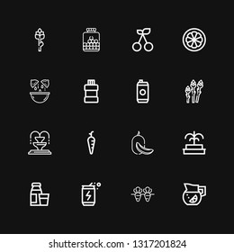 Editable 16 freshness icons for web and mobile. Set of freshness included icons line Lemonade, Carrot, Energy drink, Diary product, Fountain, Melon, Asparagus on black background
