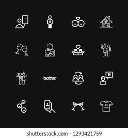 Editable 16 friends icons for web and mobile. Set of friends included icons line Best friend, Cheers, Selfie, Friends, Friend, Brother, Fraternity on black background
