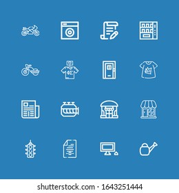 Editable 16 front icons for web and mobile. Set of front included icons line Watering can, Personal computer, Contract, Traffic light, Shop, Engine, Newspaper on blue background