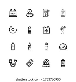 Editierbare 16 volle Icons für Web und Mobile. Set mit den kompletten Icons Zeile Batterie, Troglodyte, Ladung, Speedometer, Wasserflasche, Plastikflasche, Lullaby auf weißem Hintergrund