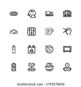 Editable 16 full icons for web and mobile. Set of full included icons line Virtual reality, Panoramic, Battery, Big screen, Sour soup, Water bottle, Mug, Levels on white background