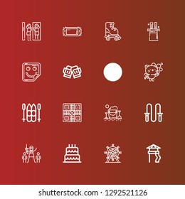 Editable 16 fun icons for web and mobile. Set of fun included icons line Slide, Ferris wheel, Birthday cake, Paintball, Jumping rope, Sand bucket, Game, Ski, Kitty, Kite on red