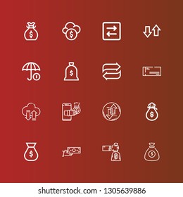 Editable 16 funds icons for web and mobile. Set of funds included icons line Money bag, Money transfer, Transfer, Cheque, Funds on red