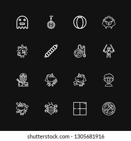 Editable 16 funny icons for web and mobile. Set of funny included icons line Zorbing, Delicious, Bee, Unicorn, Clown, Ninja, Yoyo, Caterpillar, Kitty, Sheep on black background