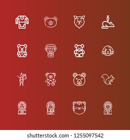 Editable 16 fur icons for web and mobile. Set of fur included icons line Eskimo, Tiger, Squirrel, Bear, Stuffed animal, Sea lion, Teddy bear, Caveman, Rat, Wolf, Tunic on red