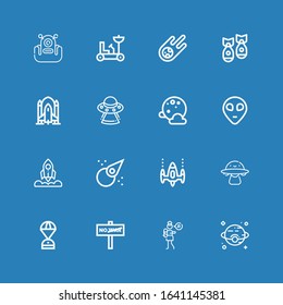 Editable 16 galaxy icons for web and mobile. Set of galaxy included icons line Venus, Lullaby, War, Space capsule, Ovni, Space invaders, Asteroid, Rocket, Alien on blue background