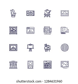 Editable 16 gallery icons for web and mobile. Set of gallery included icons line Picture, Frame, Museum, Grid, Easel, Canvas, Image, Album, Image gallery, Sculpture on white background