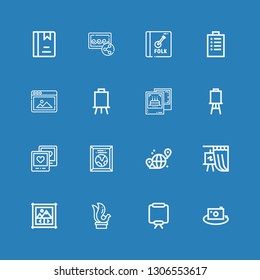 Editable 16 gallery icons for web and mobile. Set of gallery included icons line Picture, Canvas, Sculpture, Image gallery, Grid, Pictures, Padnote on blue background