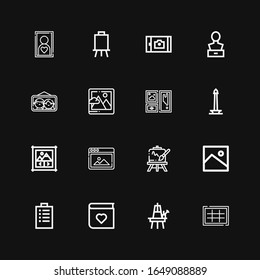 Editable 16 gallery icons for web and mobile. Set of gallery included icons line Grid, Easel, Photo album, Padnote, Image, Picture, Image gallery, Monas, Frame on black background