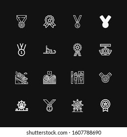 Editable 16 games icons for web and mobile. Set of games included icons line Medal, Ferris wheel, Medals, Amusement park, Roller coaster, Luge on black background