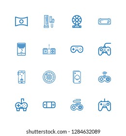 Editable 16 gaming icons for web and mobile. Set of gaming included icons line Gamepad, Ace, Roulette, Game, Console, Panorama on white background