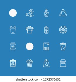 Editable 16 garbage icons for web and mobile. Set of garbage included icons line Paper shredder, Recycled Plastic Bag, Trash can, Recycling bin, Delete, Recycling on blue background
