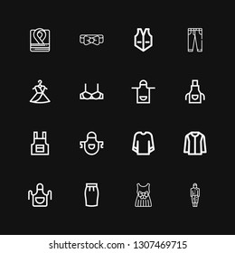 Editable 16 garment icons for web and mobile. Set of garment included icons line Dress, Skirt, Apron, Jacket, Sweatshirt, Brassiere, Jeans, Vest, Bow tie, Robe on black background