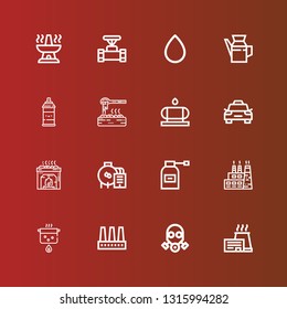 Editable 16 gas icons for web and mobile. Set of gas included icons line Factory, Gas mask, Boil, Spray, Oil, Heater, Taxi, Water tank, Blood drop, Pipe, Oven on red