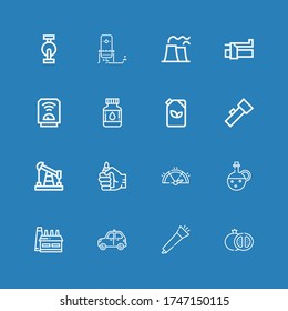Editable 16 gas icons for web and mobile. Set of gas included icons line Grenade, Blower, Taxi, Factory, Oil, Gauge, Lighter, Lantern, Fuel, Drops, Heater, Brake on blue background