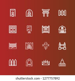 Editable 16 gate icons for web and mobile. Set of gate included icons line Fence, Bridge, Wedding arch, Tower bridge, Scarecrow, Gate, Barn, Flight information, Double door on red