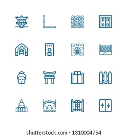 Editable 16 gate icons for web and mobile. Set of gate included icons line Elevator, Fence, Bridge, Torii, Geisha, Gate, Security Arch, Double door, Pagoda on white background