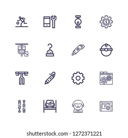Editable 16 gear icons for web and mobile. Set of gear included icons line Settings, Worker, Repairing, Piston, d printing pen, Handlebar, Hook, Maintenance on white background