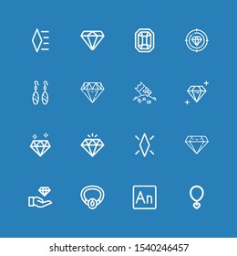 Editable 16 gem icons for web and mobile. Set of gem included icons line Necklace, Animate, Jewelry, Diamond, Riches, Earrings, Gem on blue background