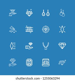 Editable 16 gemstone icons for web and mobile. Set of gemstone included icons line Diamond, Earrings, Gem, Pendant, Jewelry, Riches on blue background
