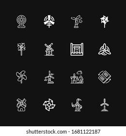 Editable 16 generator icons for web and mobile. Set of generator included icons line Windmill, Invert, Hydro power, Wind turbine, Eolic energy, Tesla ball on black background
