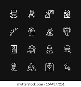 Editable 16 gentleman icons for web and mobile. Set of gentleman included icons line Woman, Tuxedo, Couple, Man, Profile, Musket, Top hat on black background