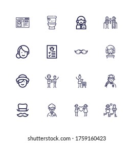 Editable 16 gentleman icons for web and mobile. Set of gentleman included icons line Couple, Man, Top hat, Woman, Moustache, Profile, Wc on white background