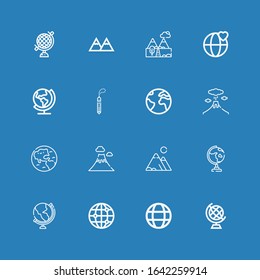 Editable 16 geology icons for web and mobile. Set of geology included icons line Earth globe, World, Global, Globe, Mountains, Volcano, Earth, Stone on blue background