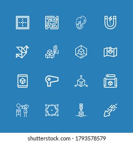 Editable 16 geometric icons for web and mobile. Set of geometric included icons line Download, Cylinder, Polygon, Hair dryer, Cube, d cube, Origami, Content on blue background