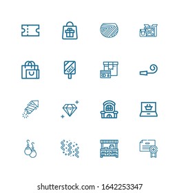 Editable 16 gift icons for web and mobile. Set of gift included icons line Certificate, Store, Confetti, Earrings, Shopping online, Mall, Diamond, Petard, Party whistle on white background