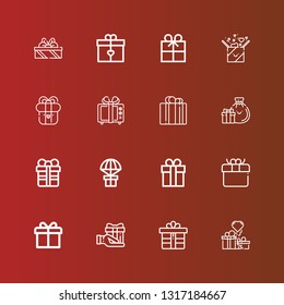 Editable 16 giftbox icons for web and mobile. Set of giftbox included icons line Gifts, Gift, Present on red