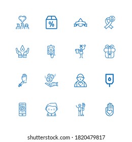 Editable 16 dar iconos para web y móvil. Juego de donaciones incluye íconos: donación de sangre, donante, caridad, transfusión de sangre, donación, presente, oferta, donantes sobre fondo blanco