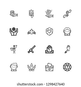 Editable 16 giving icons for web and mobile. Set of giving included icons line Help, Donation, Blood donation, Donor, Baton, Charity, Food donation on white background