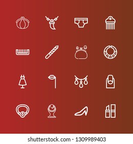 Editable 16 glamour icons for web and mobile. Set of glamour included icons line Lipstick, Heels, Necklace, Nails, Lips, Fashion, Purse, Nail file, Comb, Underwear on red