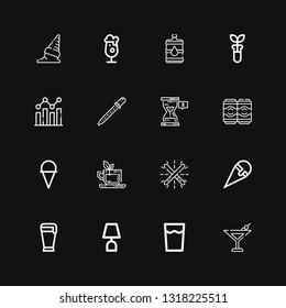 Editable 16 glass icons for web and mobile. Set of glass included icons line Martini, Drink, Lamp, Beer, Ice cream, Glow, Tea, Beers, Hourglass, Pipette, Analysis on black background