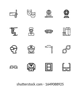 Editable 16 glasses icons for web and mobile. Set of glasses included icons line d glasses, Film, Lab coat, Sunglasses, Mustache, Beard, Vr on white background
