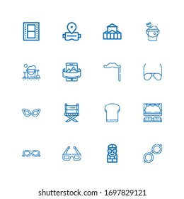 Editable 16 glasses icons for web and mobile. Set of glasses included icons line Glasses, Nerd, d Sunglasses, Cinema, Toast, Director chair, Mustache on white background