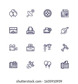 Editable 16 glossy icons for web and mobile. Set of glossy included icons line Fax, Balloons, Satellite, Video, Printer, Button on white background
