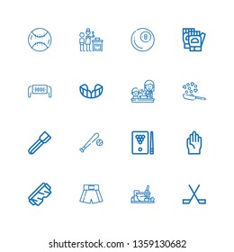 Editable 16 glove icons for web and mobile. Set of glove included icons line Ice hockey, Cooking, Boxing shorts, Safety glasses, Gloves, Billiard, Baseball on white background