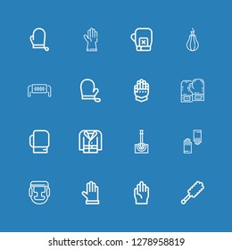 Editable 16 gloves icons for web and mobile. Set of gloves included icons line Duster, Gloves, Boxing, Toilet brush, Coat, Boxing gloves, Gauntlet, Safety mask on blue background
