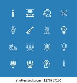 Editable 16 glowing icons for web and mobile. Set of glowing included icons line Candle, Inspiration, Bulb, Candles, Light, Laser pen, Glow, Full moon on blue background