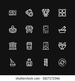 Editable 16 iconos glifos para web y móvil. Conjunto de glifos incluidos línea de iconos Reload, Clamp, Toxic, Yeast, Mortar, Setup, Jam, Museo, Visitor, bus escolar, Leer sobre fondo negro