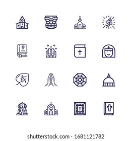 Editable 16 god icons for web and mobile. Set of god included icons line Bible, Church, Sphinx, Vatican, Pagan, Praying, Om, Nun, Ingots, Tiki on white background