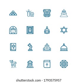 Editable 16 god icons for web and mobile. Set of god included icons line Pagan, Bible, Sphinx, Idol, Vatican, Church, Pharaoh, Judaism, Buddha, Nun, Calvary on white background