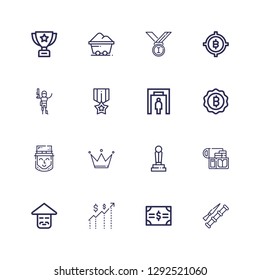 Editable 16 gold icons for web and mobile. Set of gold included icons line Spike, Bonds, Money, Chinese, Gold, Trophy, Crown, Leprechaun, Bitcoin, Metal detector on white background