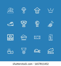 Editable 16 gold icons for web and mobile. Set of gold included icons line Trophy, Pirate, Medal, Money, Coal, Trumpet, Prize, Leprechaun shoe, Crown, Chinese on blue background