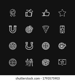 Editable 16 good icons for web and mobile. Set of good included icons line Recommendation, Pizza, Satisfaction, Horseshoe, Like, Favourite, Thumbs up on black background